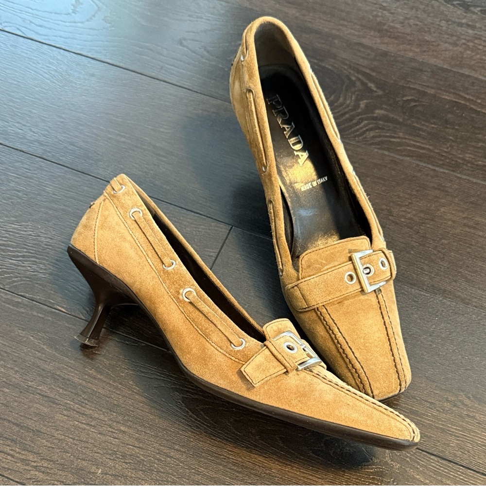Prada Camel Suede Buckle Heels